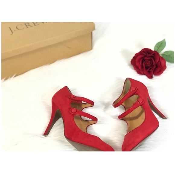 J.Crew Mona Red Strap Suede Mary Jane Heels SZ 8.5 - Picture 2 of 3
